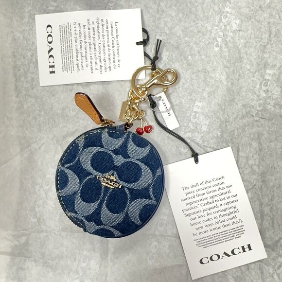 NEW Coach Circular Coin Pouch Bag Charm In Signature Gold/Denim/Natural CZ256 - Picture 1 of 7